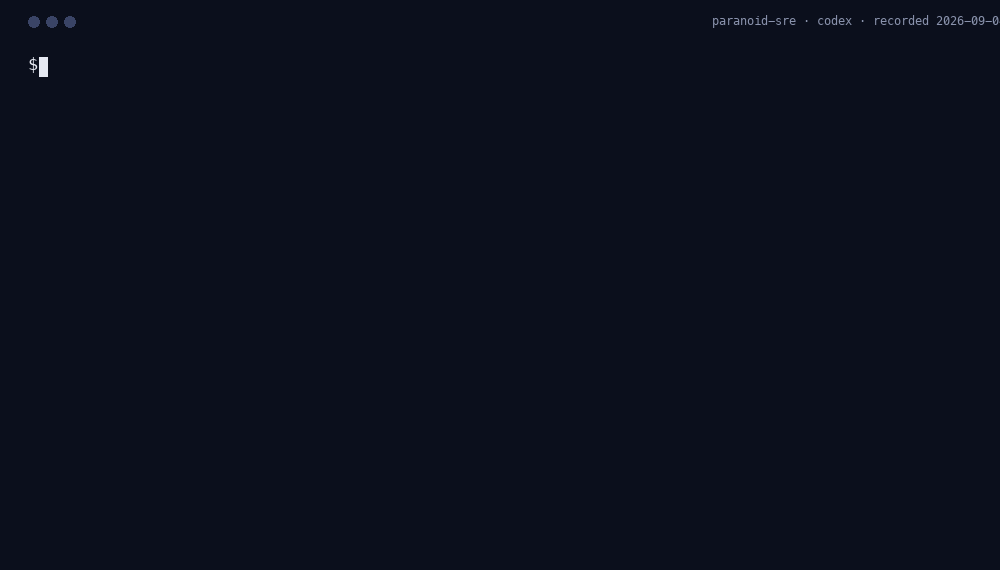 Terminal recording of the Paranoid SRE reviewing a staged diff with Codex CLI: SRE: PAGE